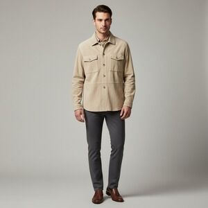 VTG Timberland Men's Beige Leather Shirt Jacket, Button Up‎ Long Sleeve Size L